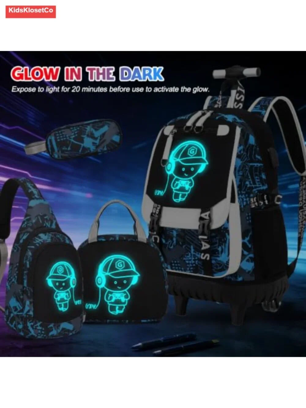 Rolling Backpack for Boys with Wheels, Glow in Dark, Water Resistant, 900D